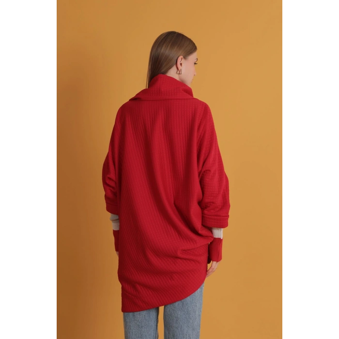 Petek Kumaş Kolu Ribana Detaylı Kadın Hırka-Kırmızı