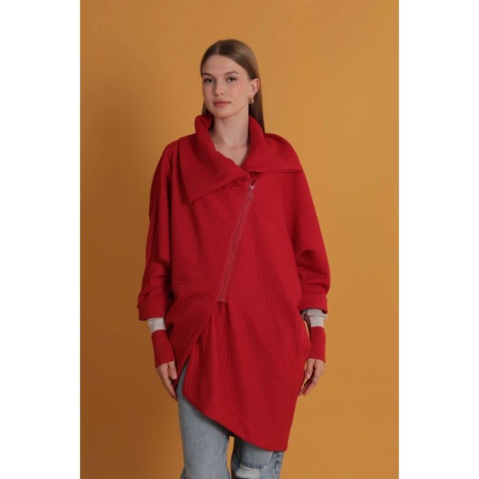 Petek Kumaş Kolu Ribana Detaylı Kadın Hırka-Kırmızı