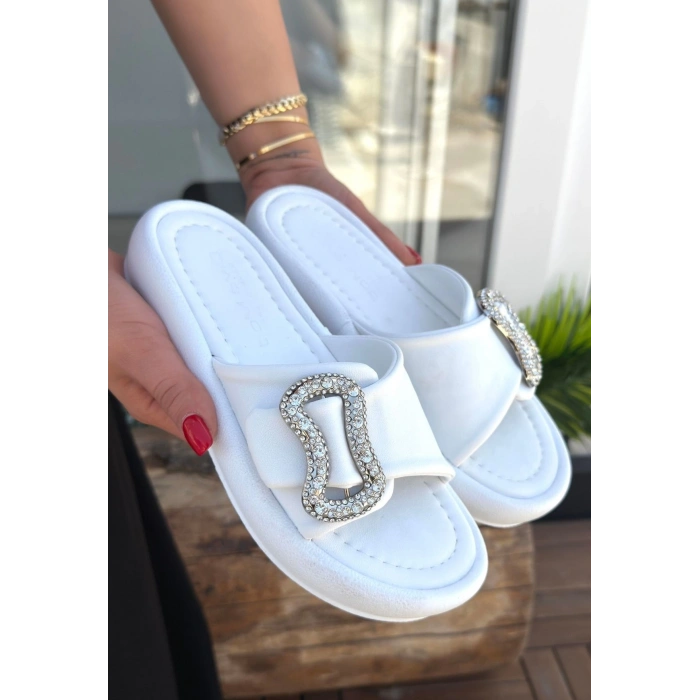 Rale Beyaz Cilt Tokalı Terlik