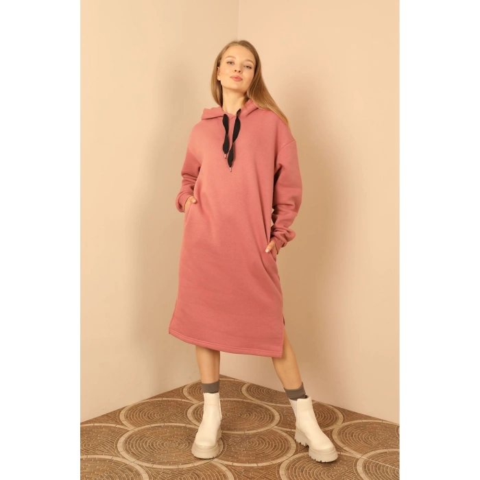 Şardonlu 3 İplik Kumaş Kapüşonlu Kadın Elbise-Gül Kurusu