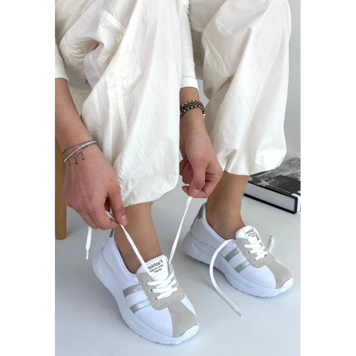 Shat Beyaz Cilt Gri Şeritli Spor Ayakkabı