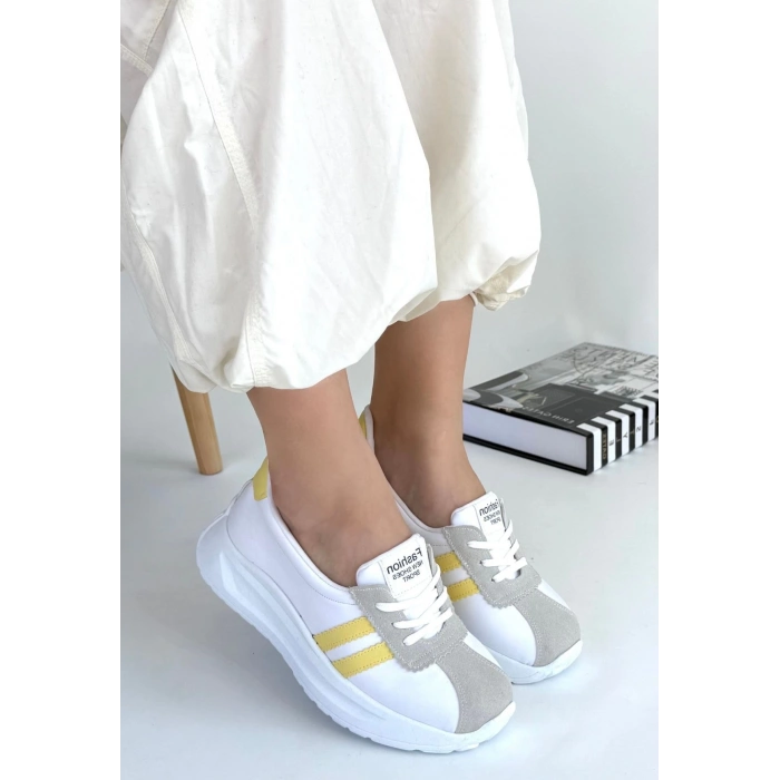 Shat Beyaz Cilt Sarı Şeritli Spor Ayakkabı