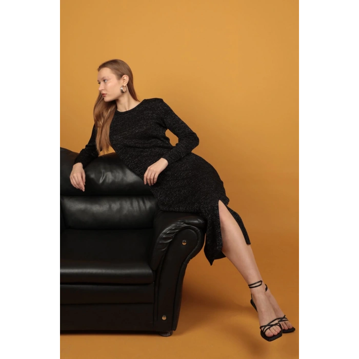 Simli Triko Kadın Elbise-Siyah