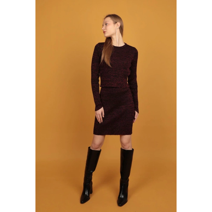 Simli Triko Kadın Etek-Kırmızı