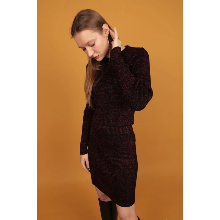 Simli Triko Kadın Etek-Kırmızı