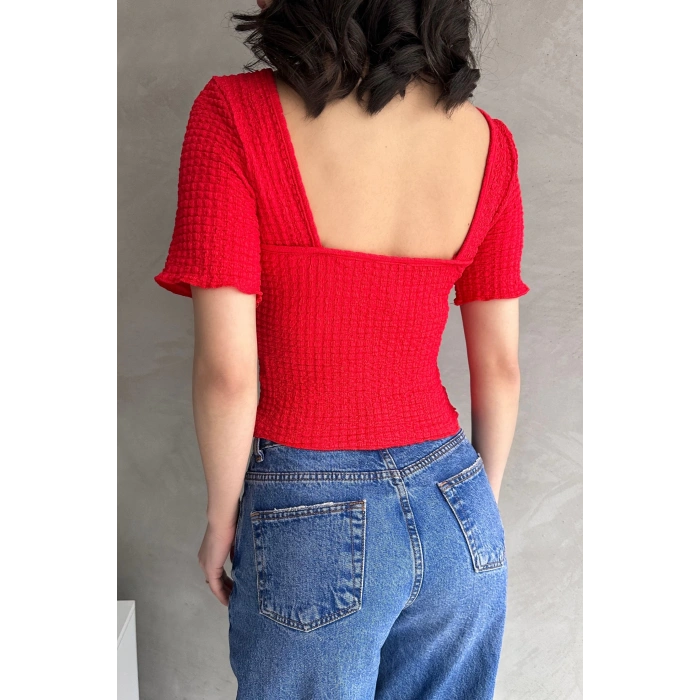 Sırt Dekolteli Basic Gofre Bluz