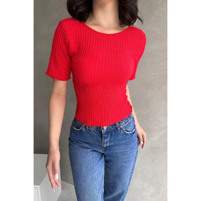 Sırt Dekolteli Basic Gofre Bluz