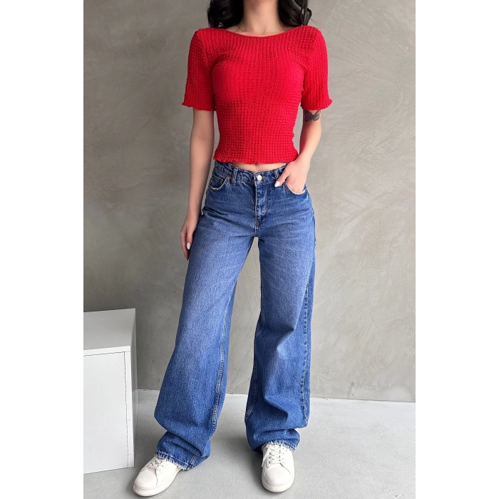 Sırt Dekolteli Basic Gofre Bluz