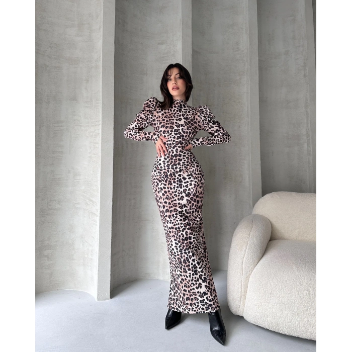Sırt Dekolteli Leopar Desenli Elbise
