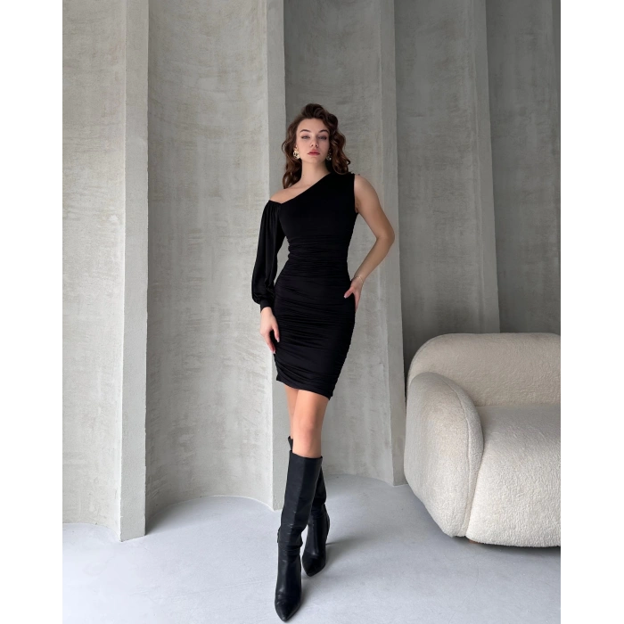 Tek Omuz Drapeli Mini Elbise