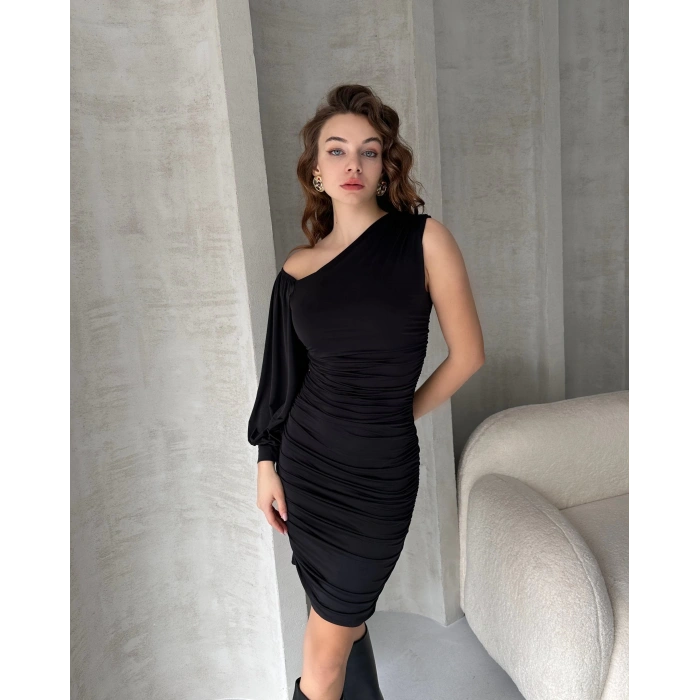 Tek Omuz Drapeli Mini Elbise
