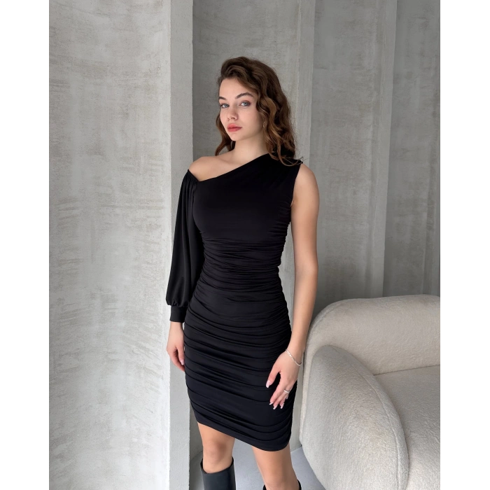 Tek Omuz Drapeli Mini Elbise