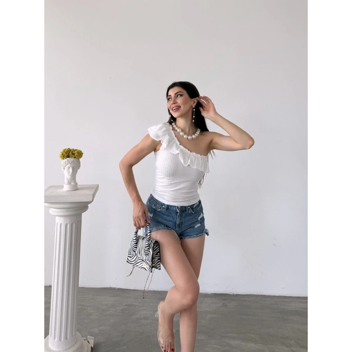 Tek Omuz Fırıfır Detaylı Bluz