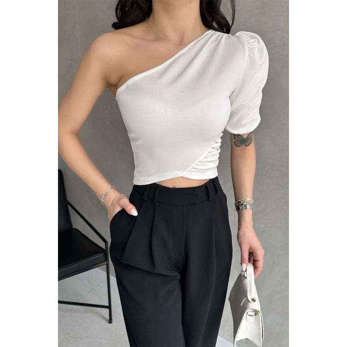 Tek Omuz Prenses Kol Crep Bluz
