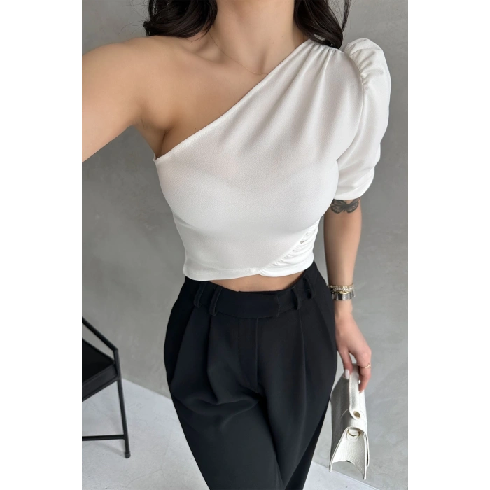 Tek Omuz Prenses Kol Crep Bluz