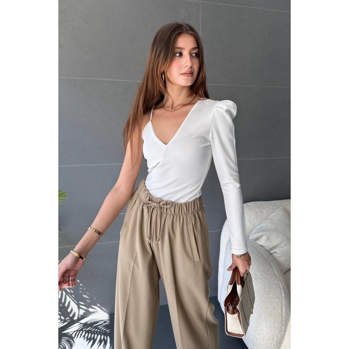 Tek Omuz Tül Detaylı Crep Bluz