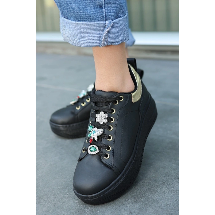 Tenya Siyah Cilt Taşlı Bağcıklı Spor Ayakkabı