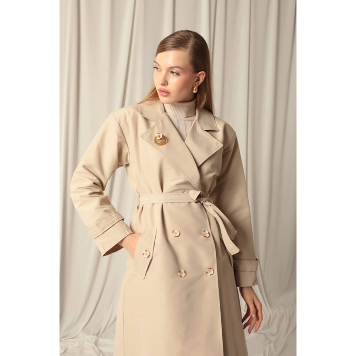 Torino Kumaş Broşlu Maxi Boy Kadın Taş Trençkot