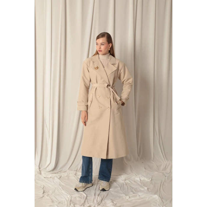 Torino Kumaş Broşlu Maxi Boy Kadın Taş Trençkot