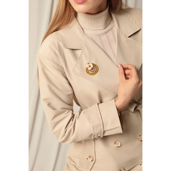 Torino Kumaş Broşlu Maxi Boy Kadın Taş Trençkot