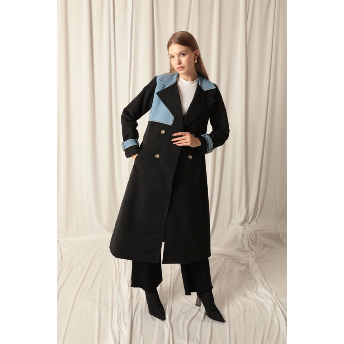 Torino Kumaş Kot Garnili Kadın Siyah Trençkot