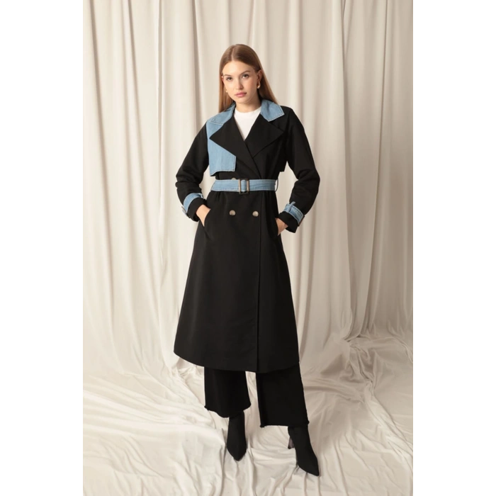 Torino Kumaş Kot Garnili Kadın Siyah Trençkot