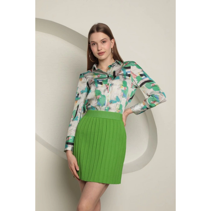 Triko Kadın Pileli Etek-Yeşil