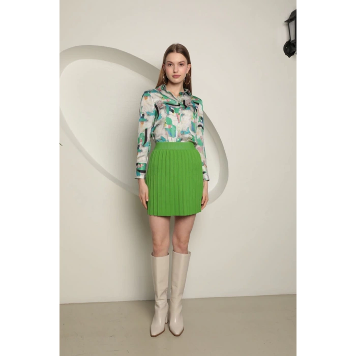 Triko Kadın Pileli Etek-Yeşil