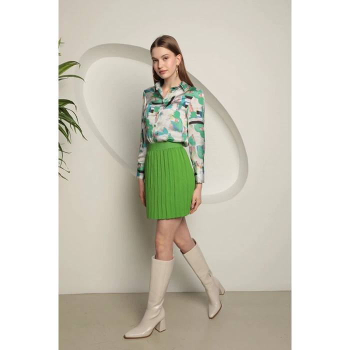 Triko Kadın Pileli Etek-Yeşil