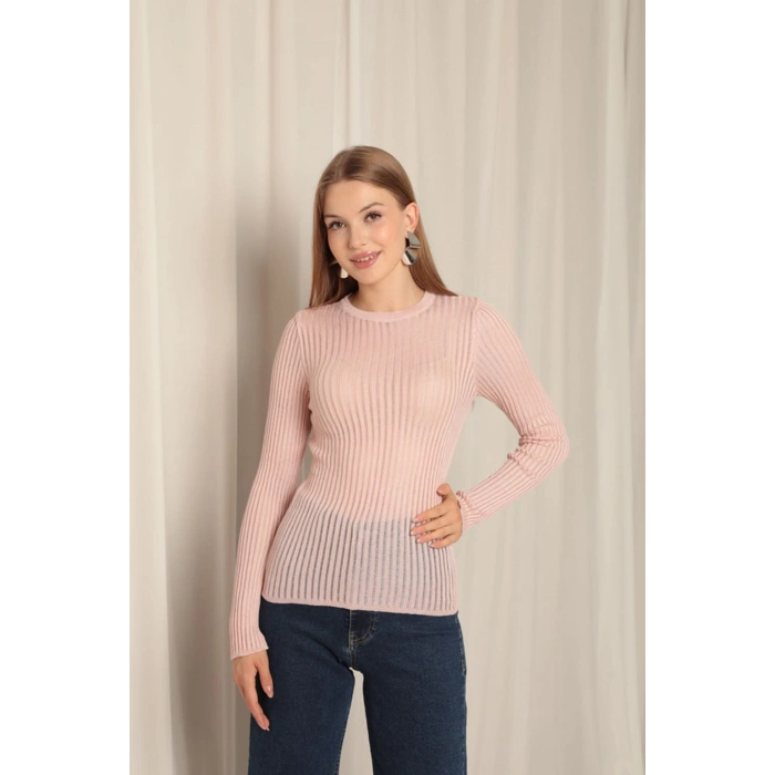 Triko Kumaş Baharlık Bisiklet Yaka Kadın Pudra Bluz