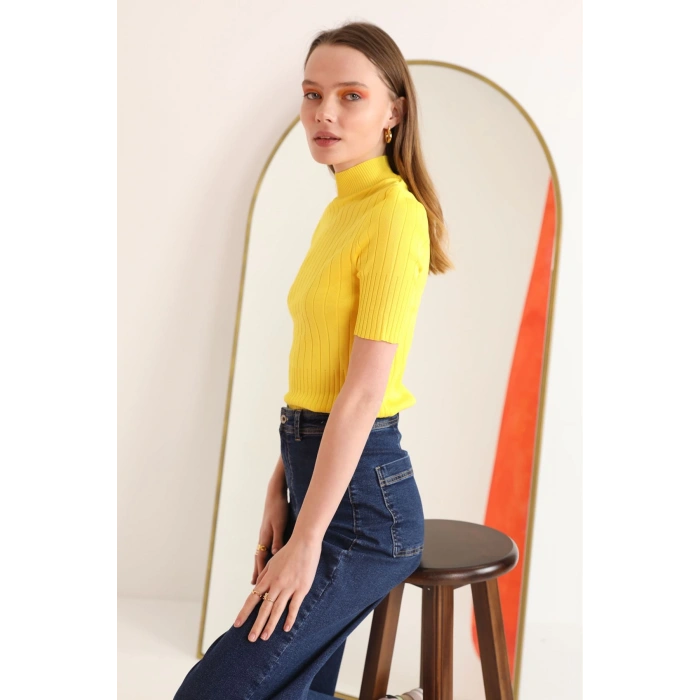 Triko Kumaş Balıkçı Fitilli Kadın  Bluz-Sarı