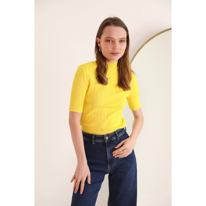 Triko Kumaş Balıkçı Fitilli Kadın  Bluz-Sarı