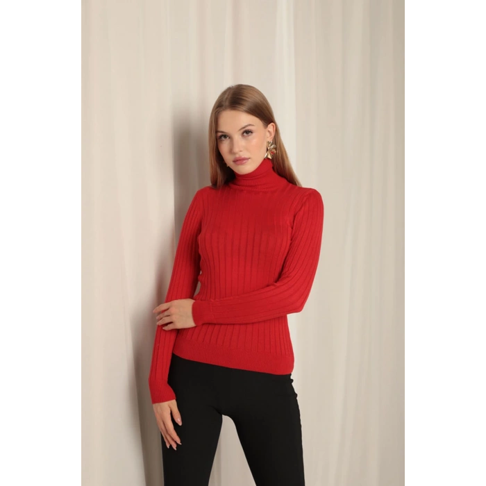 Triko Kumaş Balıkçı Yaka Kadın Kırmızı Bluz