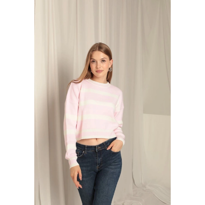 Triko Kumaş Çizgili Kadın Pembe Kazak