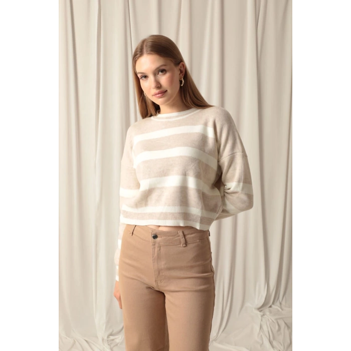 Triko Kumaş Çizgili Kadın Taş Kazak