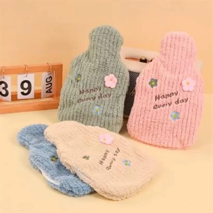 TUFEYO 1 Litre El Geçirmeli Örgülü Sıcak Su Torbası Happy