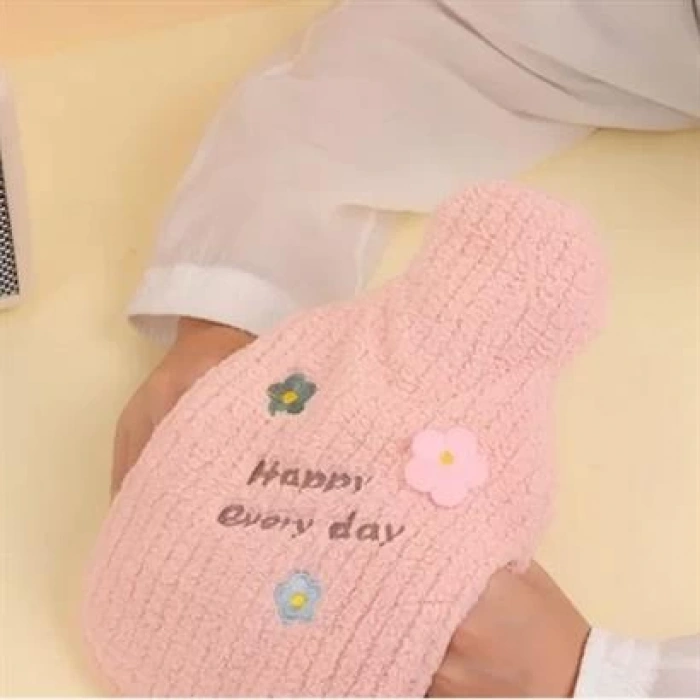 TUFEYO 1 Litre El Geçirmeli Örgülü Sıcak Su Torbası Happy