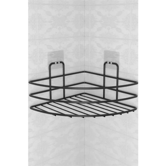 TUFEYO Kendiliğinden Yapışkanlı Montaj Gerektirmeyen Tek Katlı Banyo Askı Köşe Şampuanlık Siyah