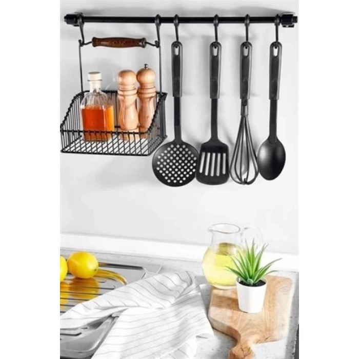 TUFEYO Retro Ferforje Askılı Siyah  Ahşap Kulplu Düzenleyici Mutfak Sepeti