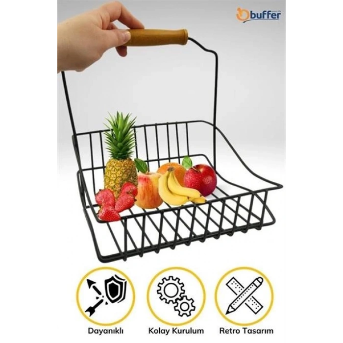 TUFEYO Retro Ferforje Askılı Siyah  Ahşap Kulplu Düzenleyici Mutfak Sepeti