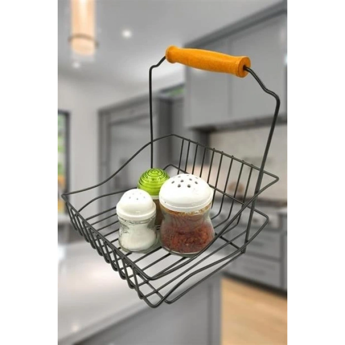 TUFEYO Retro Ferforje Askılı Siyah  Ahşap Kulplu Düzenleyici Mutfak Sepeti