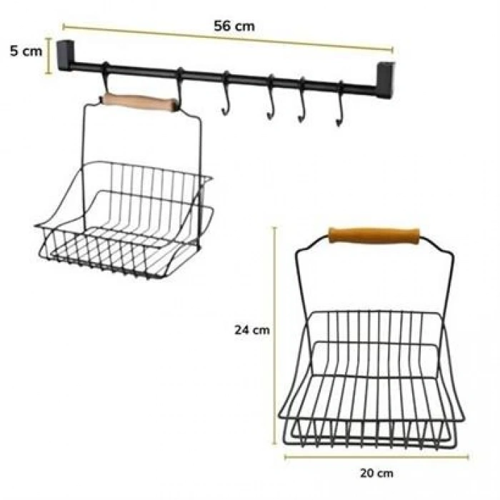 TUFEYO Retro Ferforje Askılı Siyah  Ahşap Kulplu Düzenleyici Mutfak Sepeti