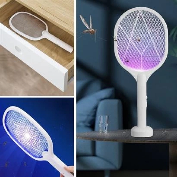 TUFEYO Şarjlı Sinek Öldürücü Masaüstü Standlı,Mor Işık Sinek Kovucu Raket 5w