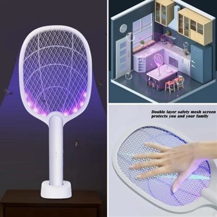 TUFEYO Şarjlı Sinek Öldürücü Masaüstü Standlı,Mor Işık Sinek Kovucu Raket 5w