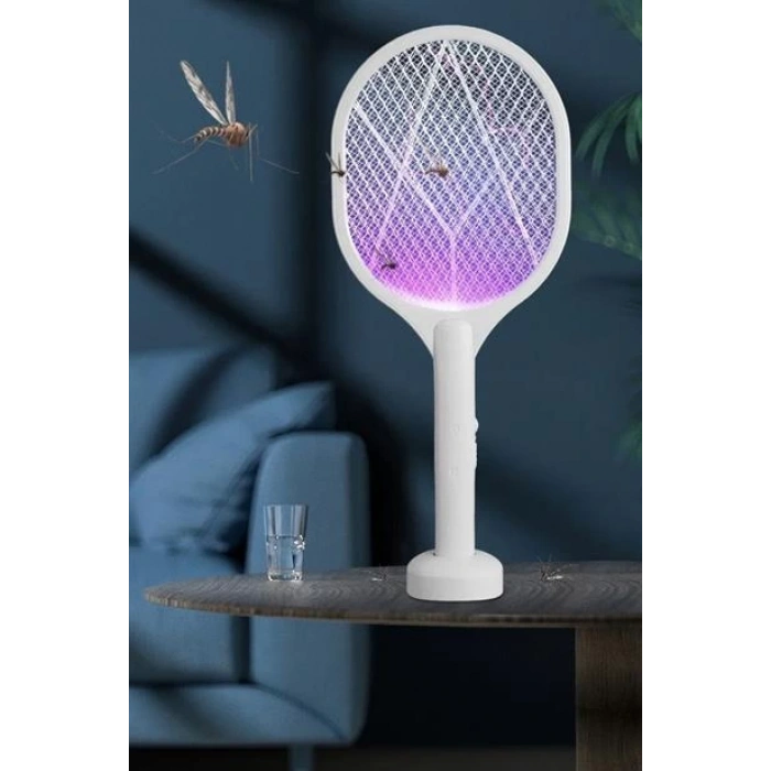 TUFEYO Şarjlı Sinek Öldürücü Masaüstü Standlı,Mor Işık Sinek Kovucu Raket 5w