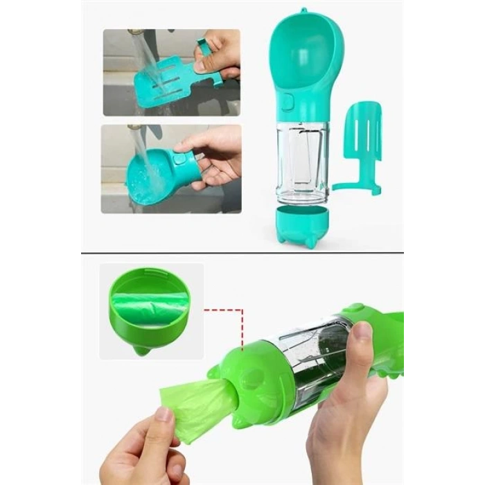 TUFEYO Taşınabilir Hazneli Mama Kaplı ,Kaka Poşetli Kedi,Köpek Suluğu-300ml