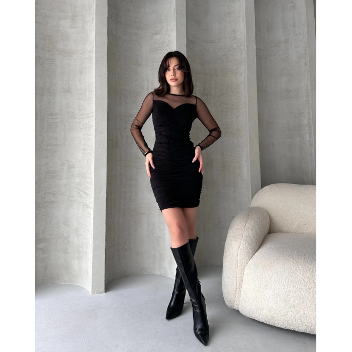 Tül Detaylı Drapeli Mini Elbise