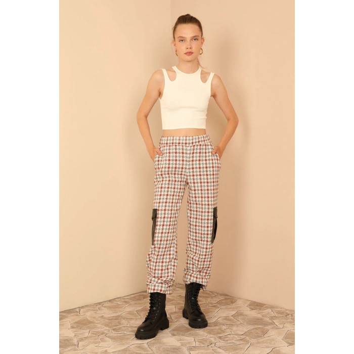 Tüvit Kumaş Uzun Boy Çizgili Kargo Kadın Pantolon-Taba