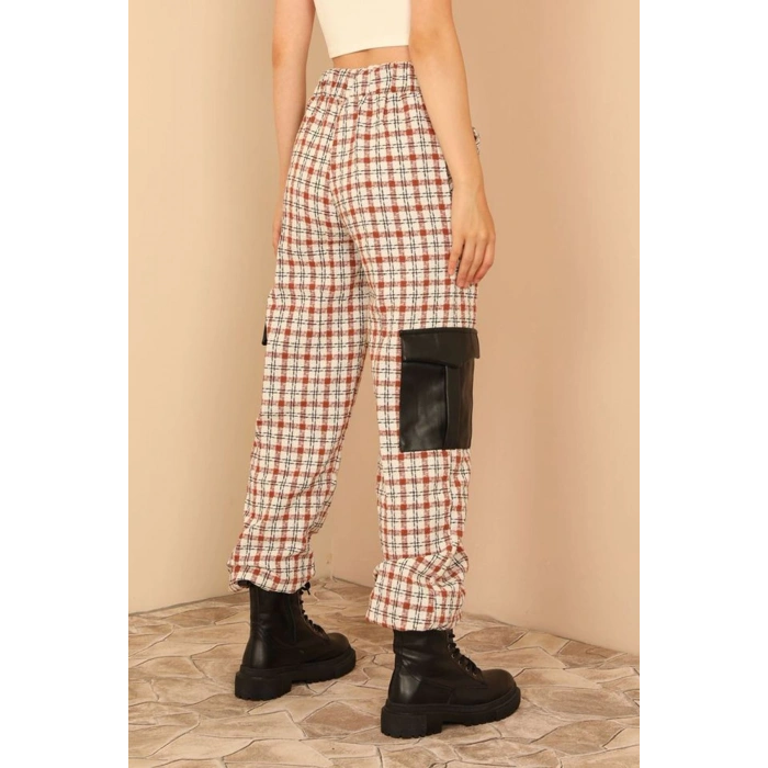 Tüvit Kumaş Uzun Boy Çizgili Kargo Kadın Pantolon-Taba