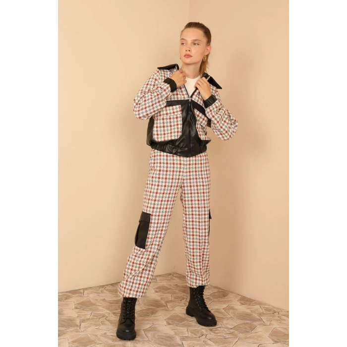 Tüvit Kumaş Uzun Boy Çizgili Kargo Kadın Pantolon-Taba